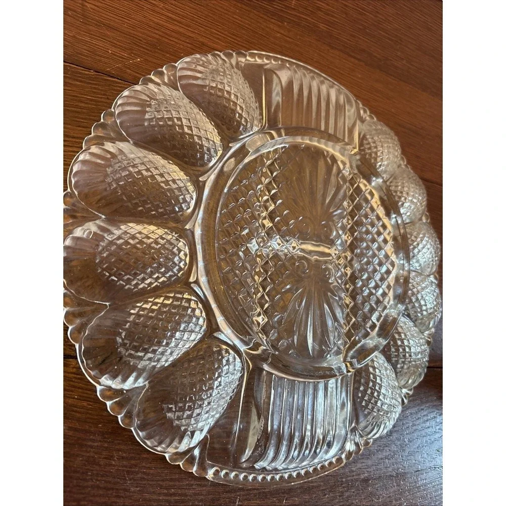Vtg L.E. Smith‎ Clear Glass Deviled Egg Plate Platter Relish Tray Diamond Point